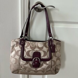 Coach Cream/Tan and Burgundy Campbell Shoulder Bag with Monogram